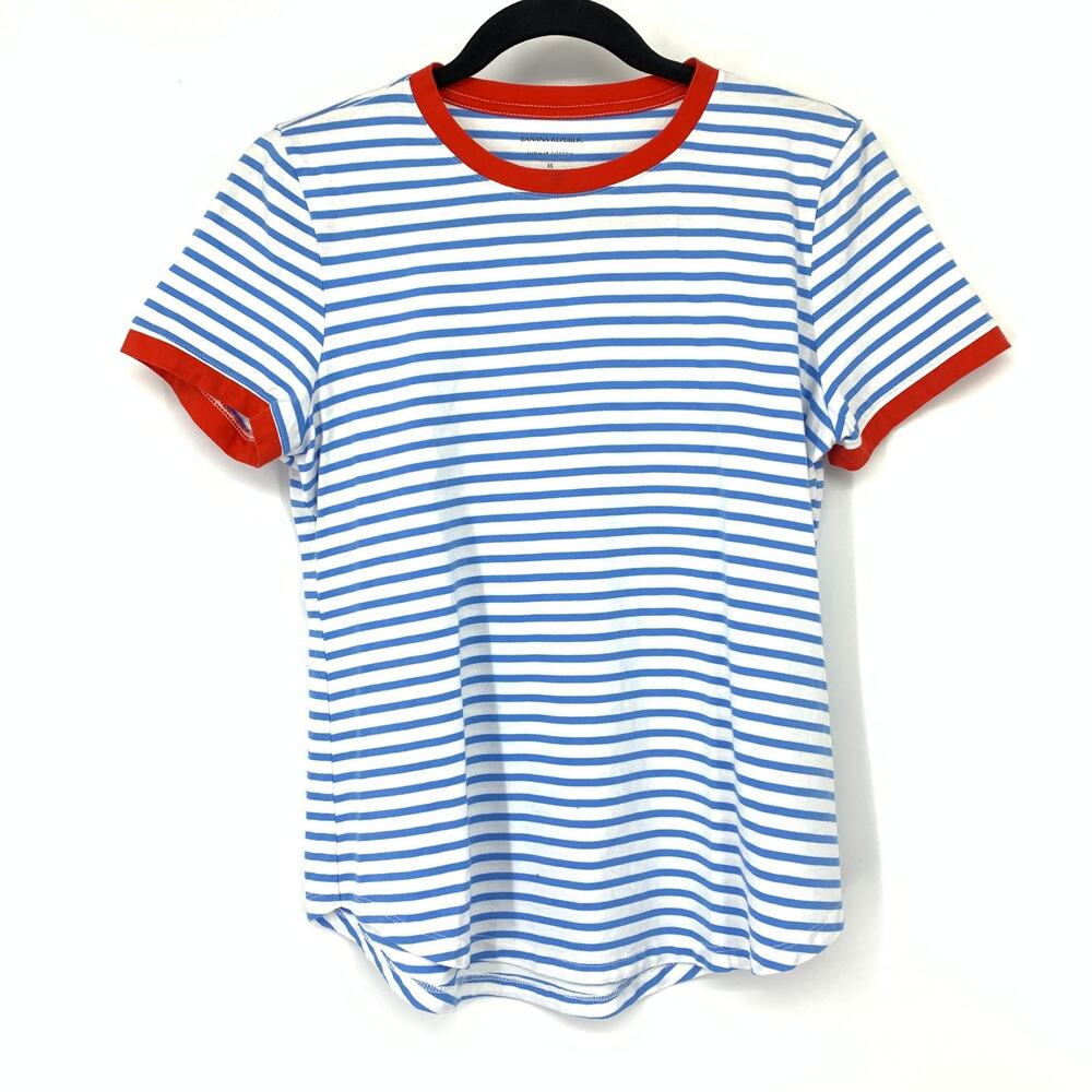 Banana Republic Top Womens XS Blue Horizontal Stripe Contrast Ringer Crew Neck